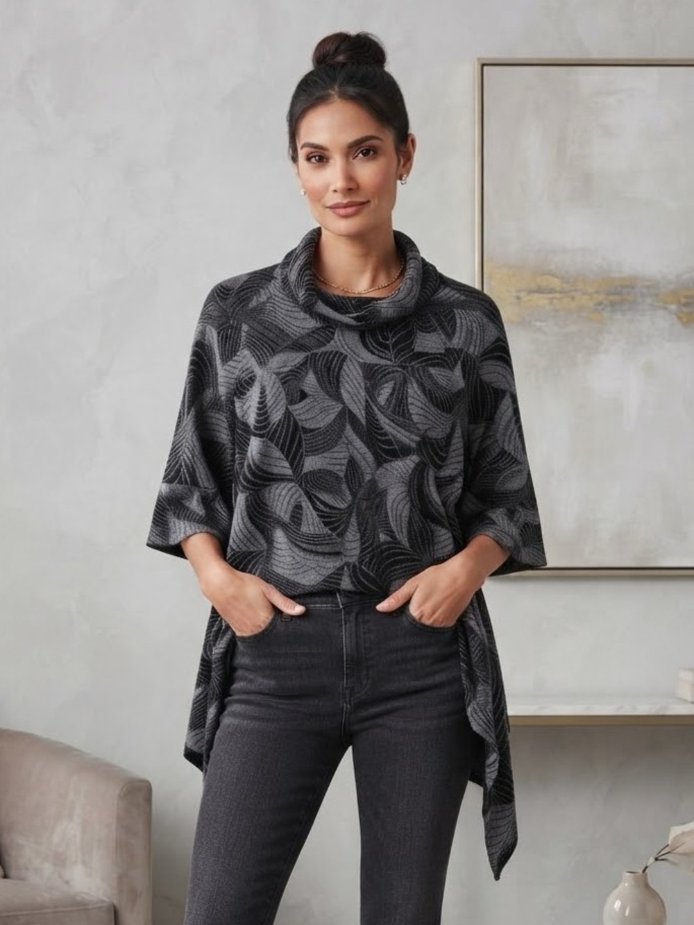 KLEIO Women’s Black & Gray Leaves Patterned Cowl Neck Tunic Sweater Size Small
